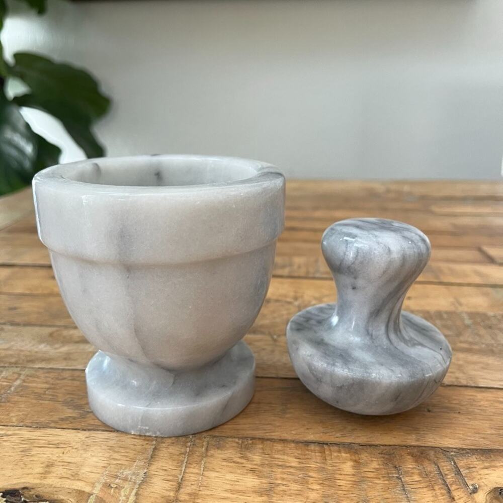 Polished Marble Mortar and Pestle Set Gray and White Heavy - Picture 5 of 12